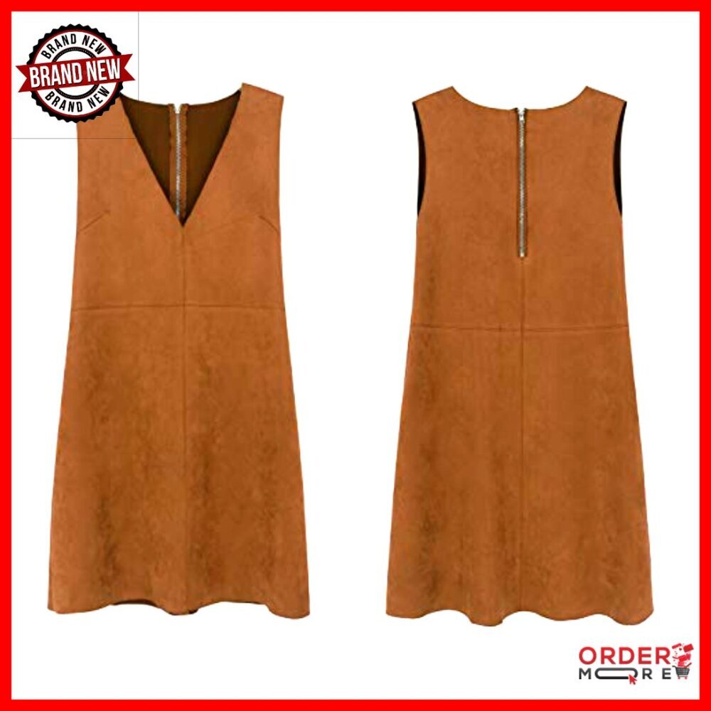Faux Suede Sleeveless V-Neck Mini Dress with Pockets Casual Wear - Picture 5 of 6